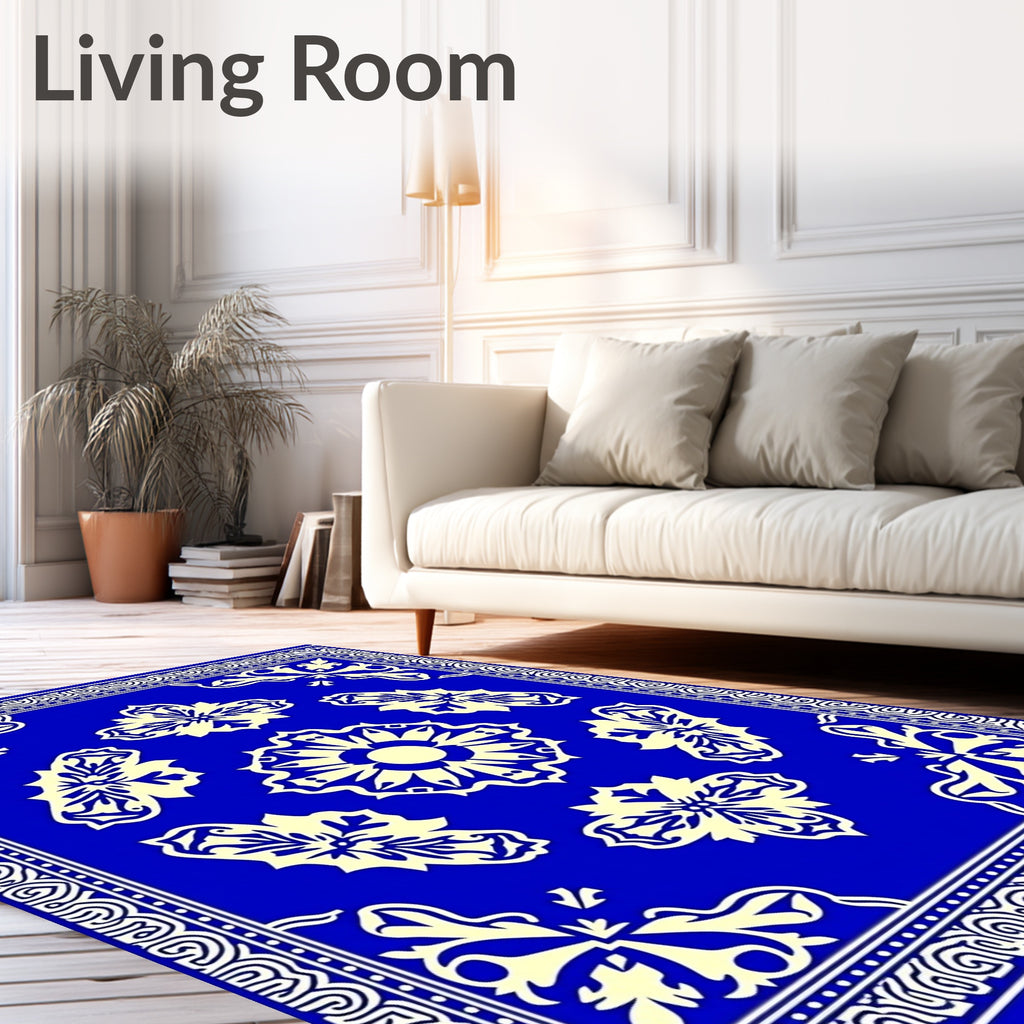 Royal Blue Cream Floral Medallion Ornament Rug