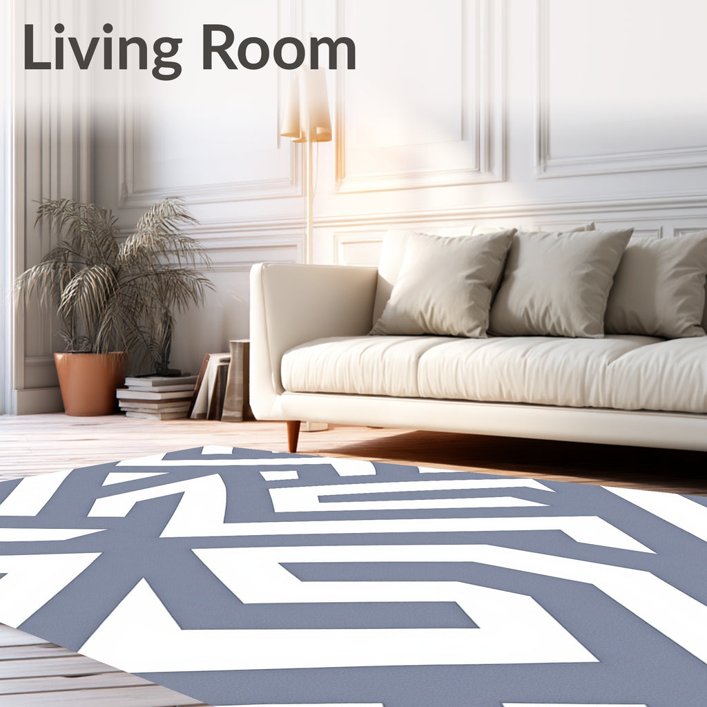 Slate Blue White Geometric Maze Rug