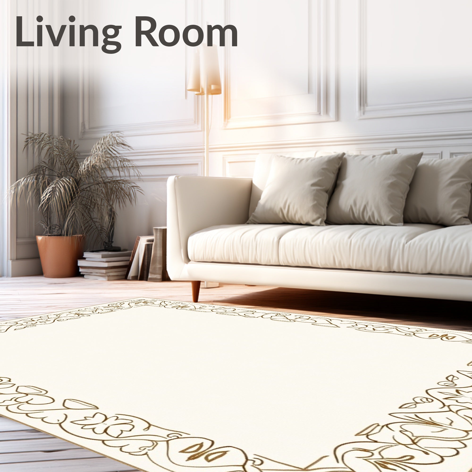 Ornate Gold Botanical Border Art Rug