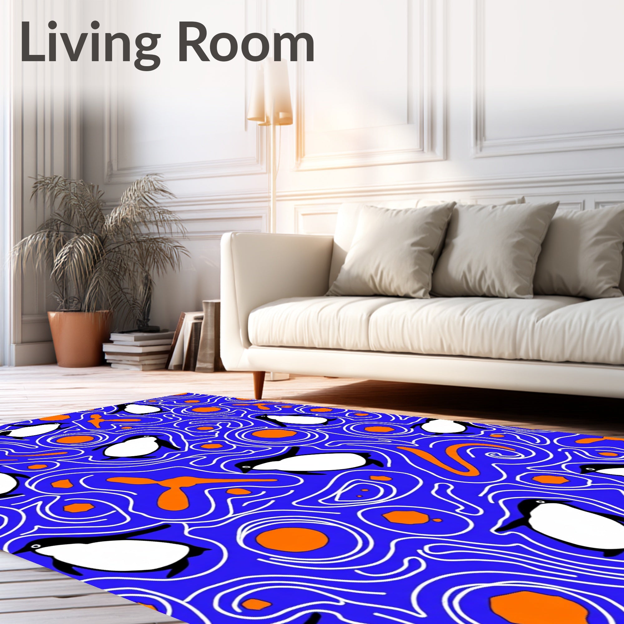 Whimsical Penguin Blue Swirl Orange Rug