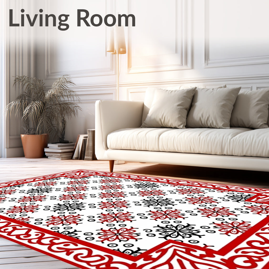 Red Black Floral Medallion Border Rug