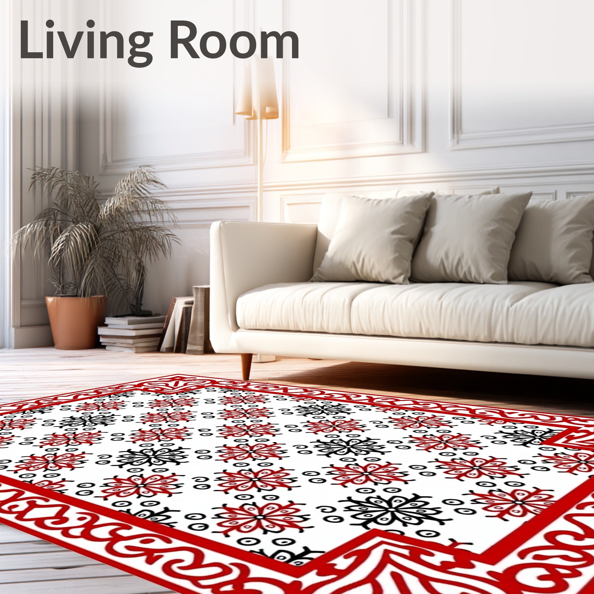 Red Black Floral Medallion Border Rug