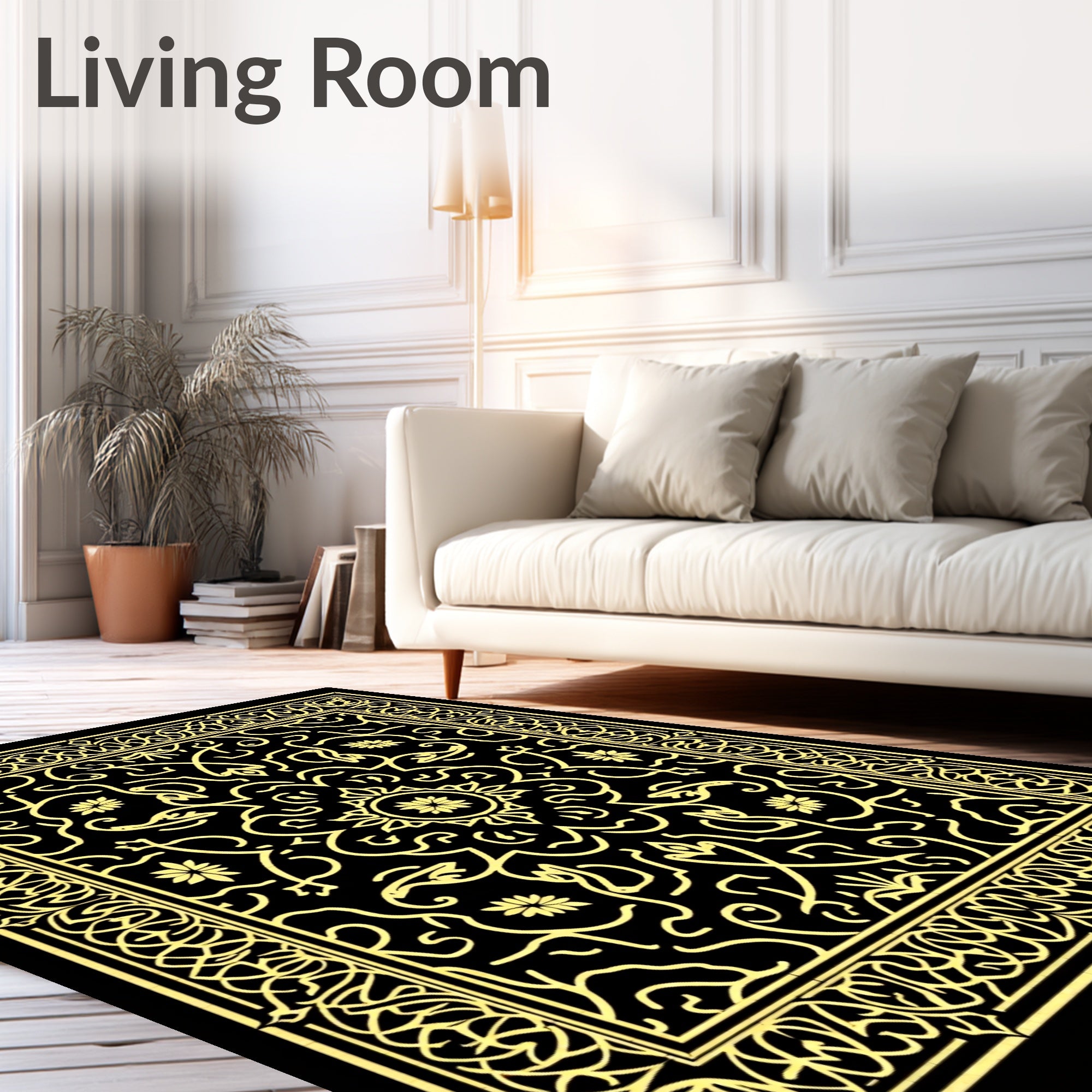 Ornate Gold Floral Mandala Black Rug