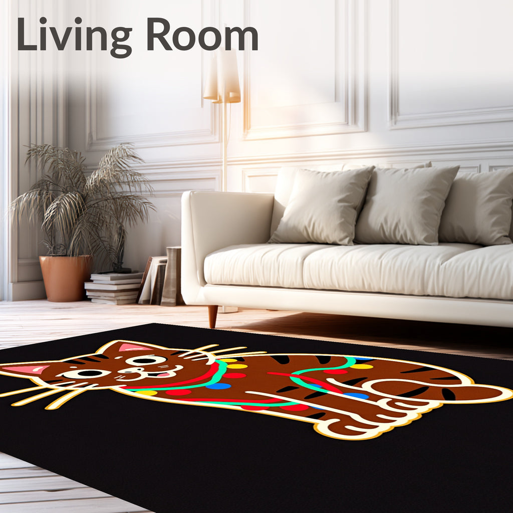 Joyful Brown Cat Holiday Lights Rug