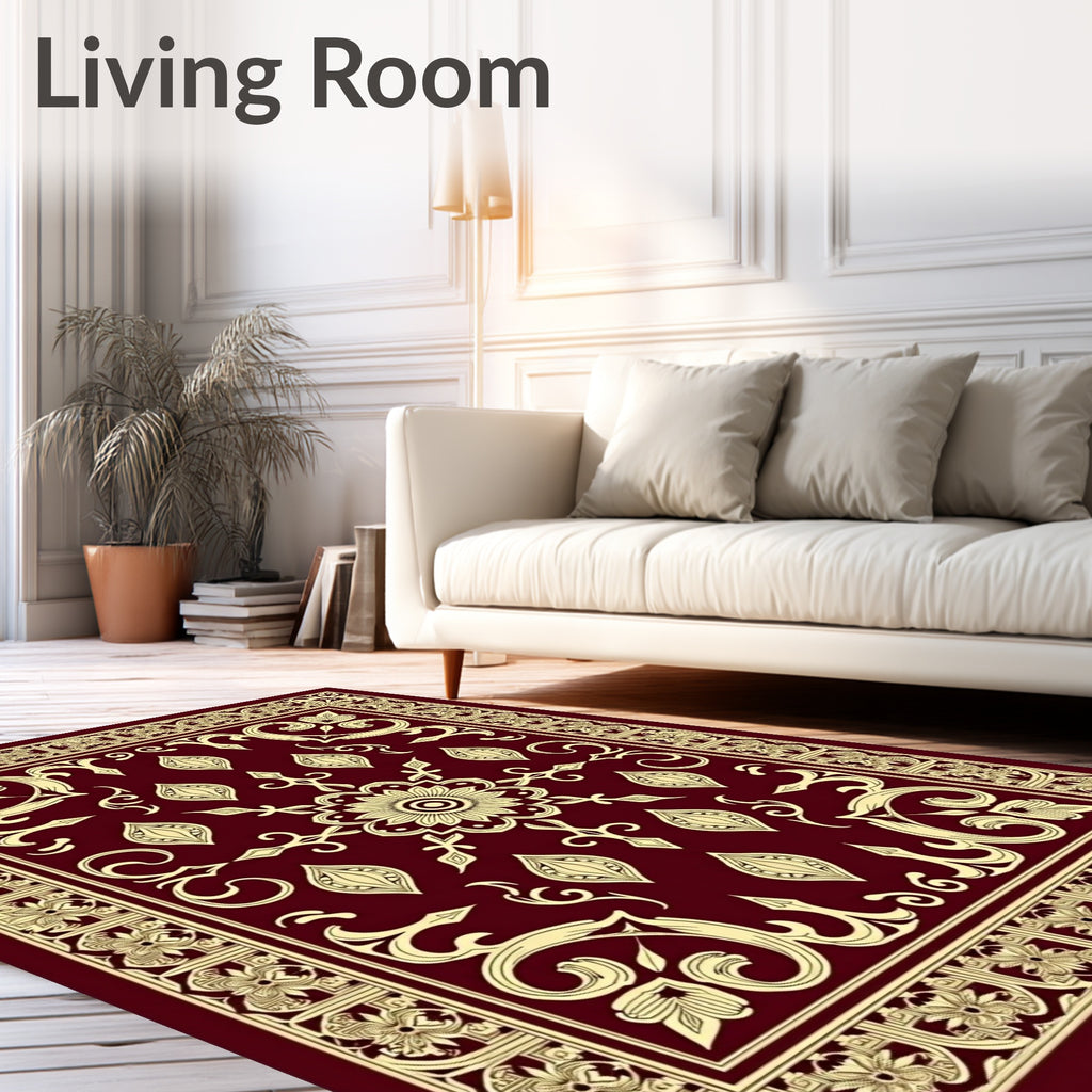 Deep Red Floral Scrollwork Center Rug