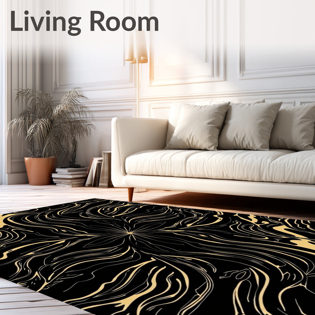 Gold Abstract Swirl Black Rug