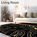 Gold Abstract Swirl Black Rug