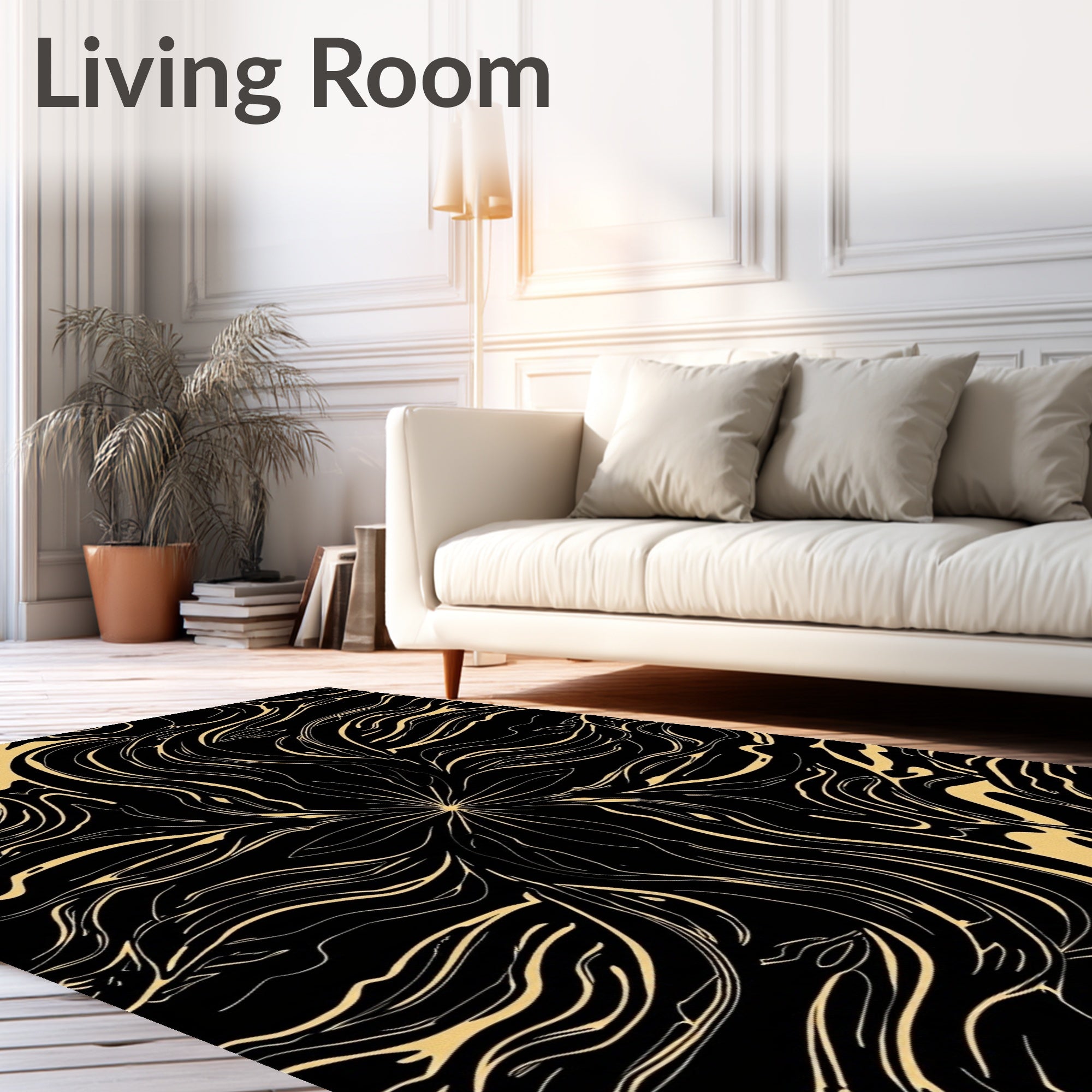 Gold Abstract Swirl Black Rug