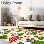 Whimsical Red Mushroom Houses and Creatures Rug
