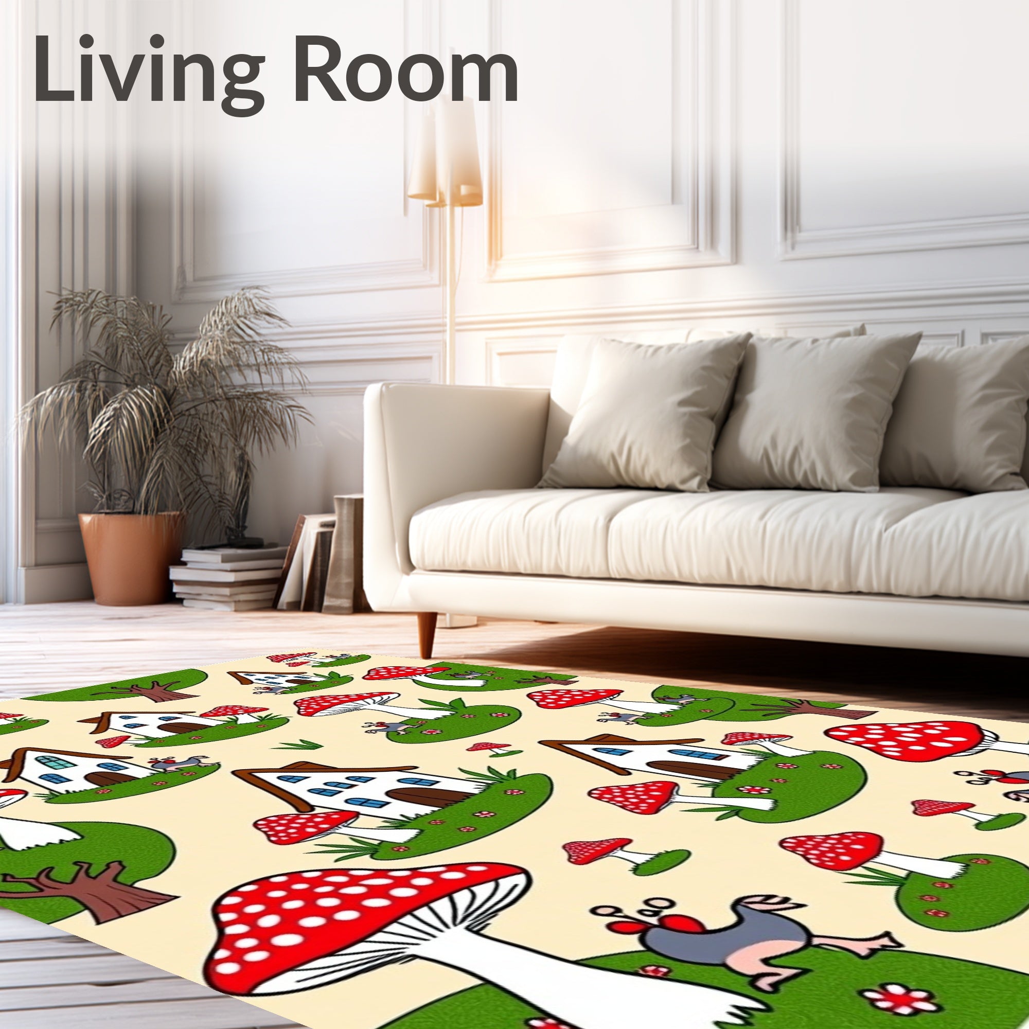 Whimsical Red Mushroom Houses and Creatures Rug