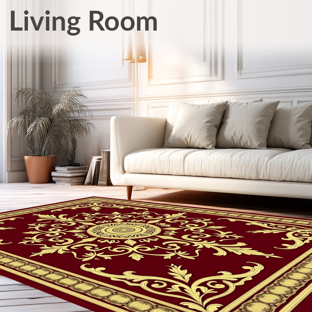Ornate Burgundy Gold Floral Medallion Rug