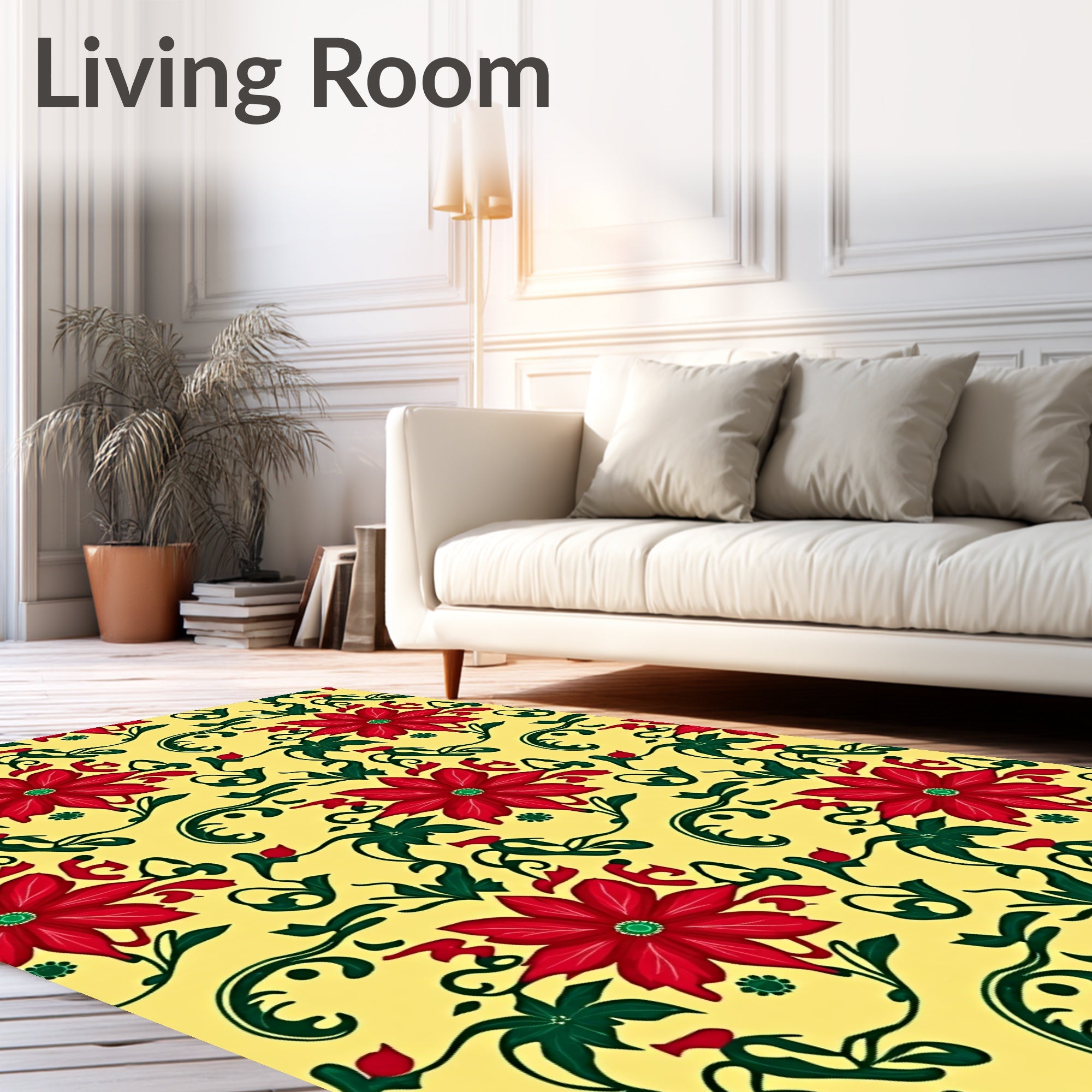 Crimson Poinsettia Vine Yellow Rug