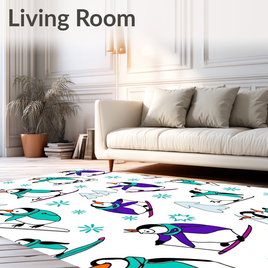 Whimsical Penguin Skiing Snowflakes Scene Rug