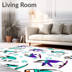 Whimsical Penguin Skiing Snowflakes Scene Rug