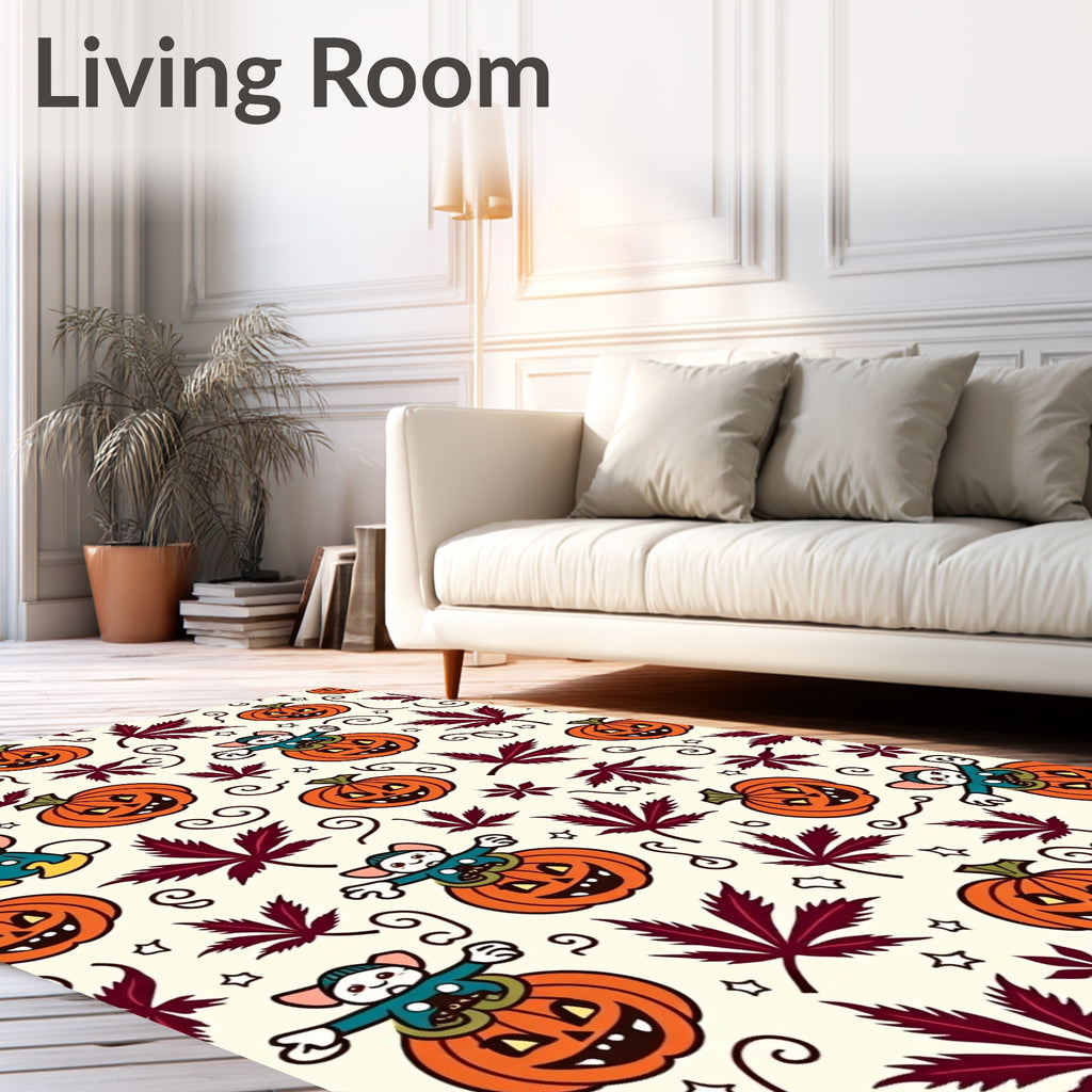Happy Halloween Mice Pumpkin Leaves Rug
