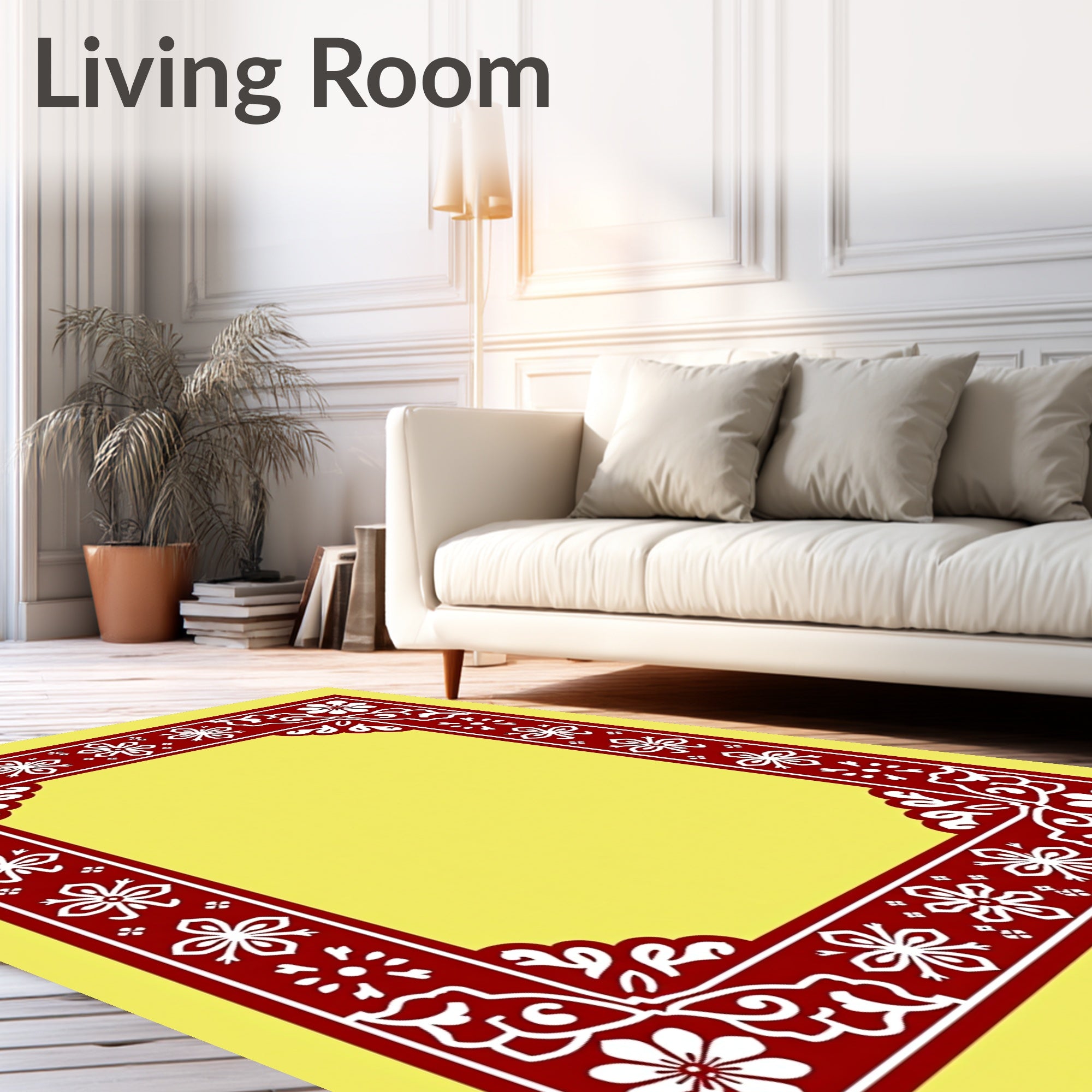 Crimson White Floral Geometric Border Rug