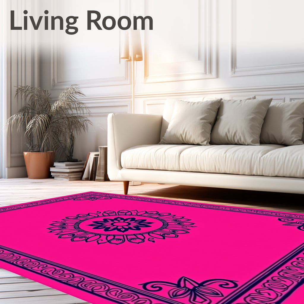 Hot Pink Navy Floral Medallion Border Rug