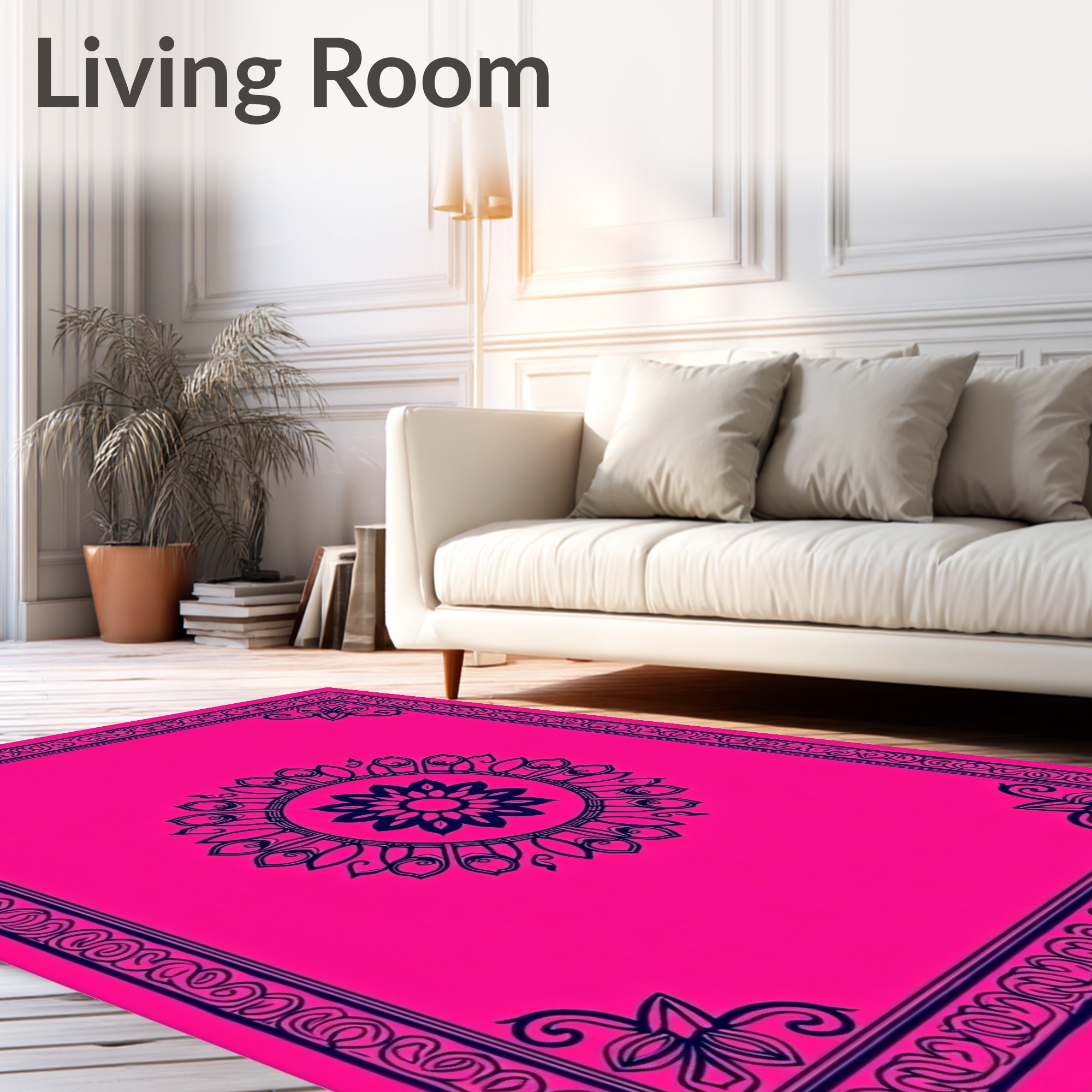 Hot Pink Navy Floral Medallion Border Rug