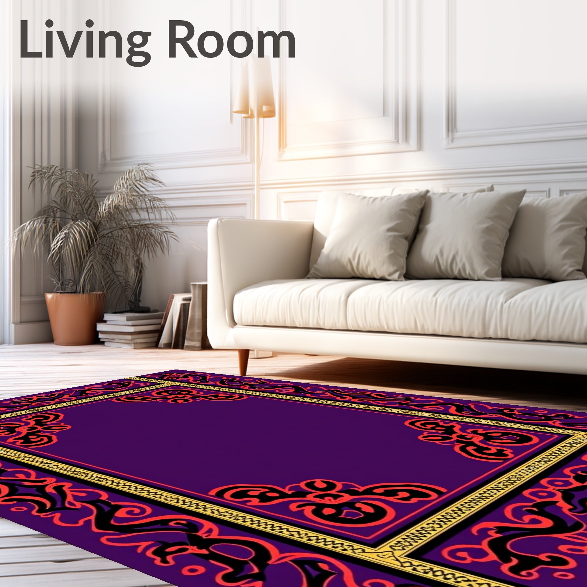 Purple Red Black Golden Filigree Frame Rug