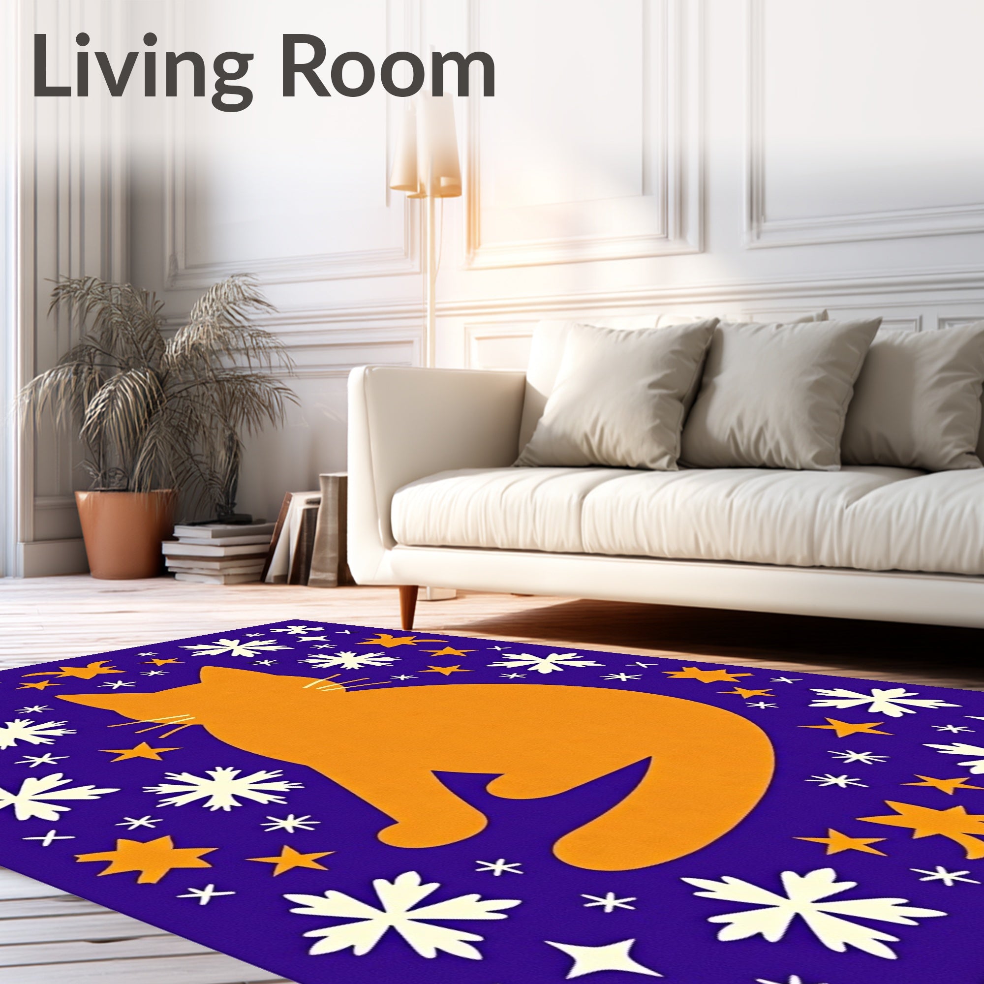 Orange Cat White Snowflakes Blue Sky Rug
