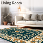 Deep Teal Floral Medallion Border Rug
