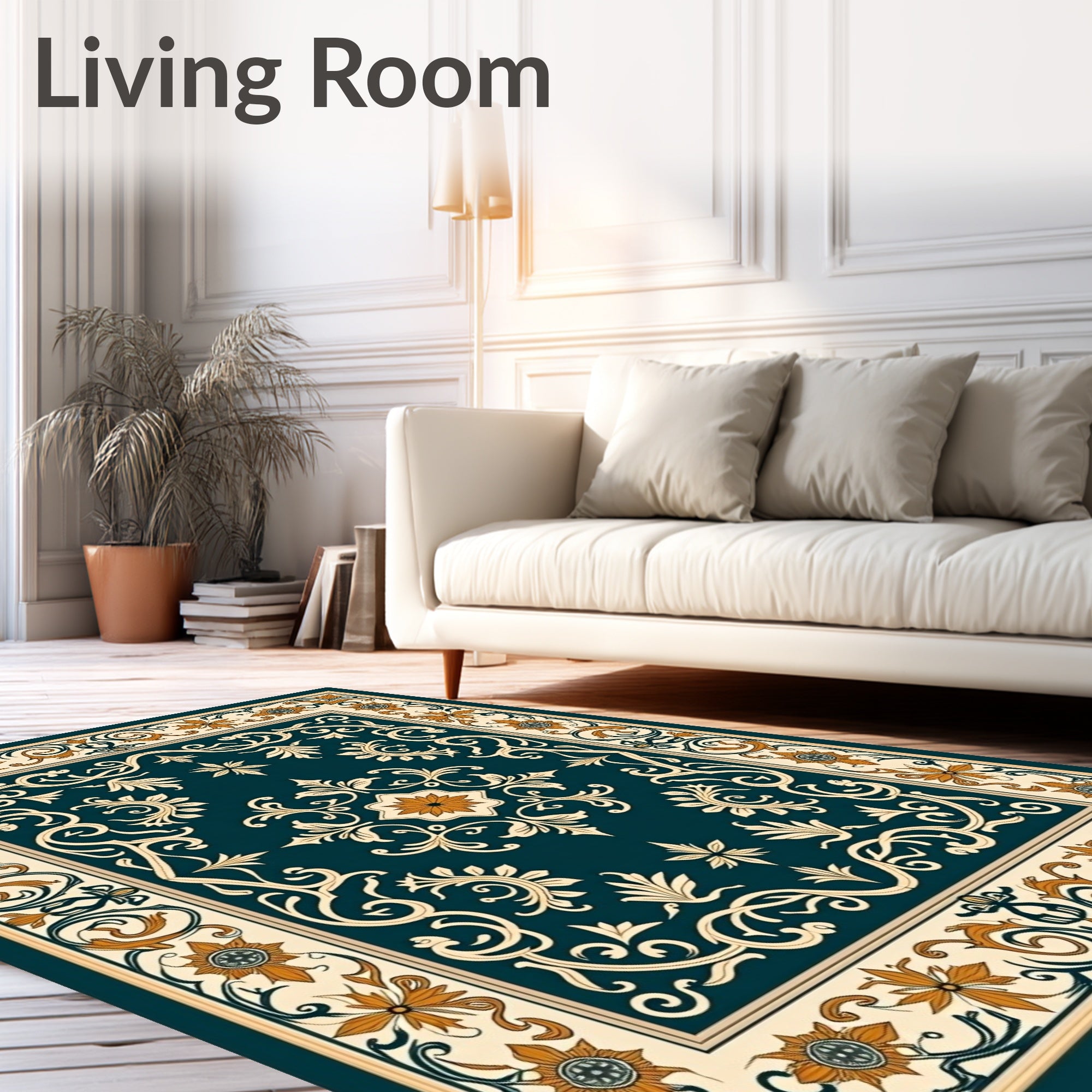 Deep Teal Floral Medallion Border Rug