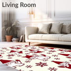 Whimsical Red Snowflakes Cat Scene Rug