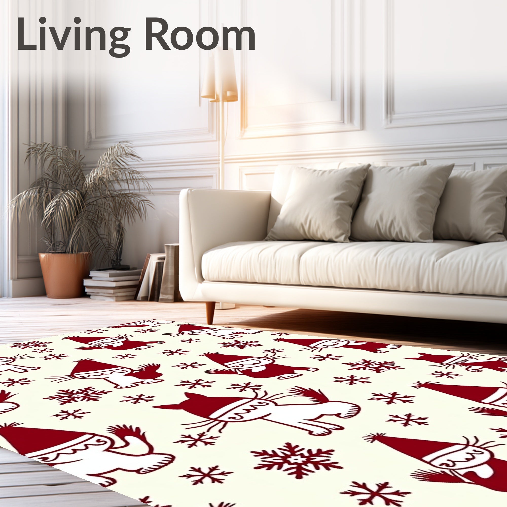 Whimsical Red Snowflakes Cat Scene Rug