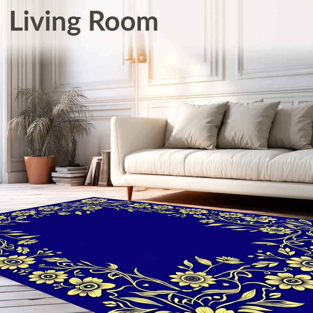 Golden Floral Border on Deep Blue Rug