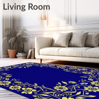 Golden Floral Border on Deep Blue Rug