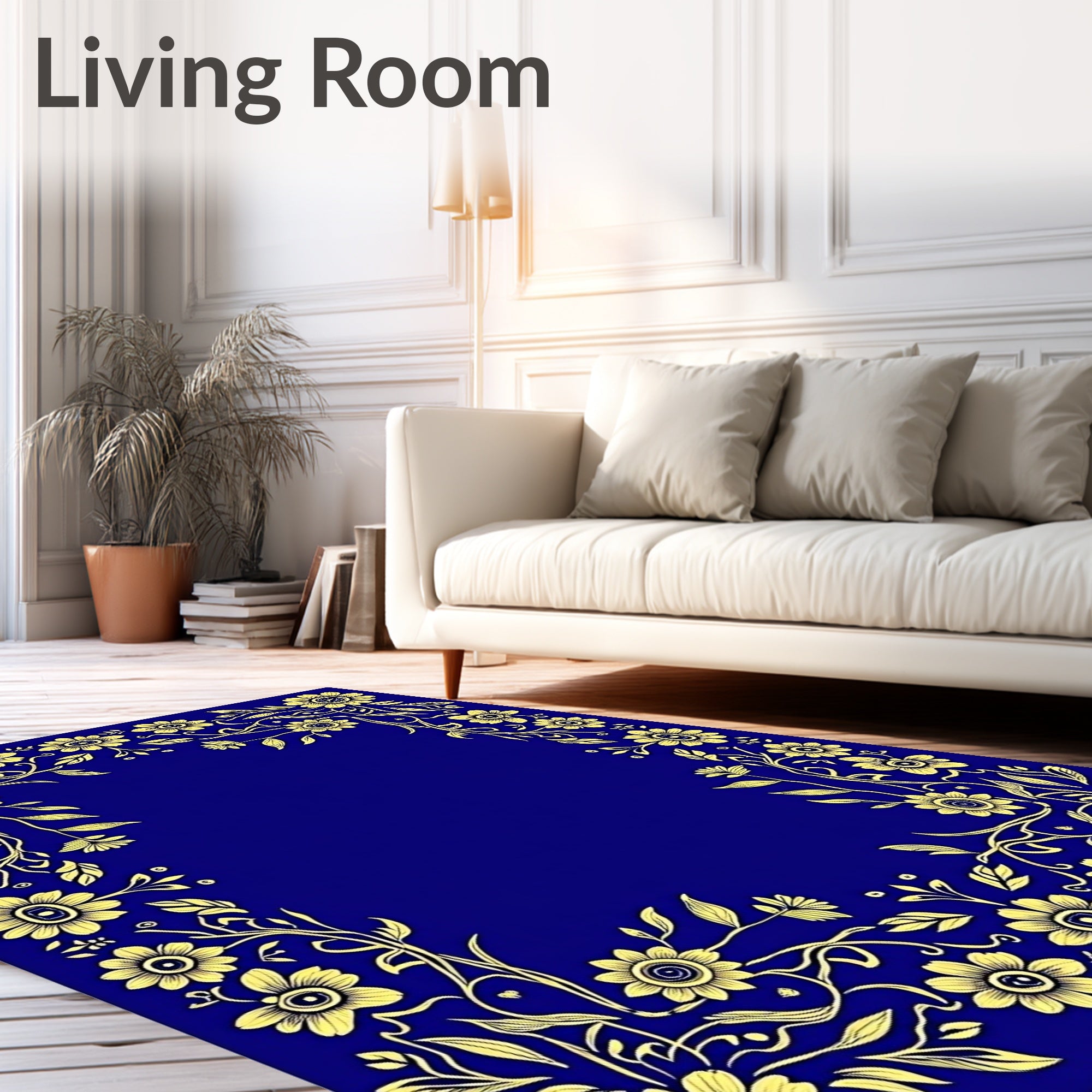 Golden Floral Border on Deep Blue Rug
