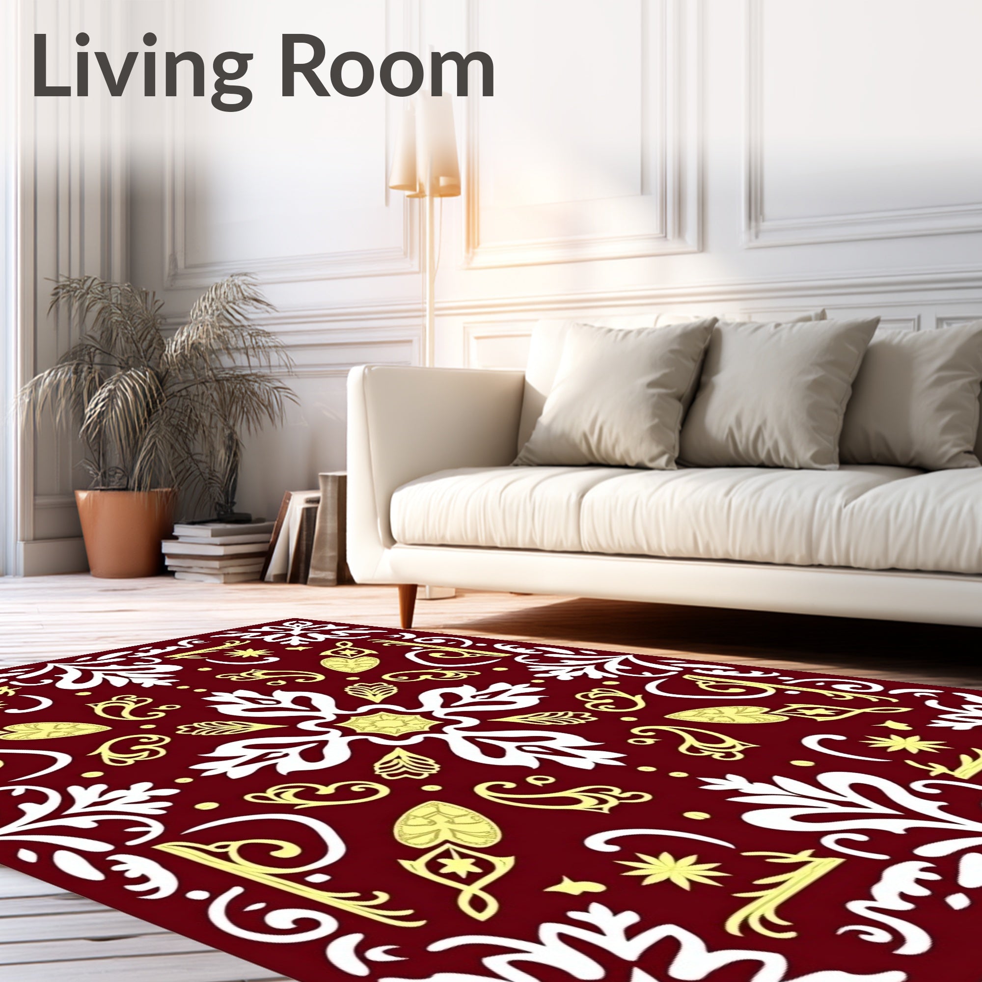 Deep Red Floral Medallion White Yellow Rug