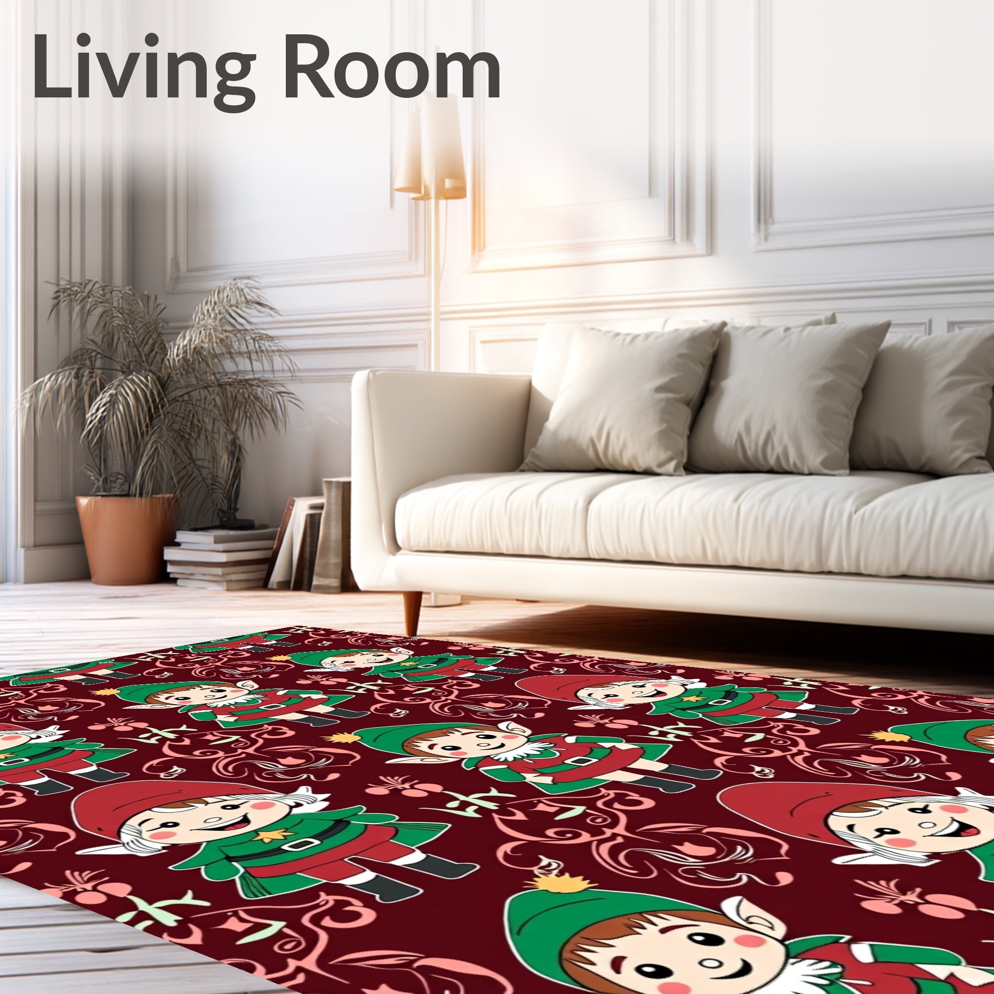 Festive Elf Characters Burgundy Background Rug