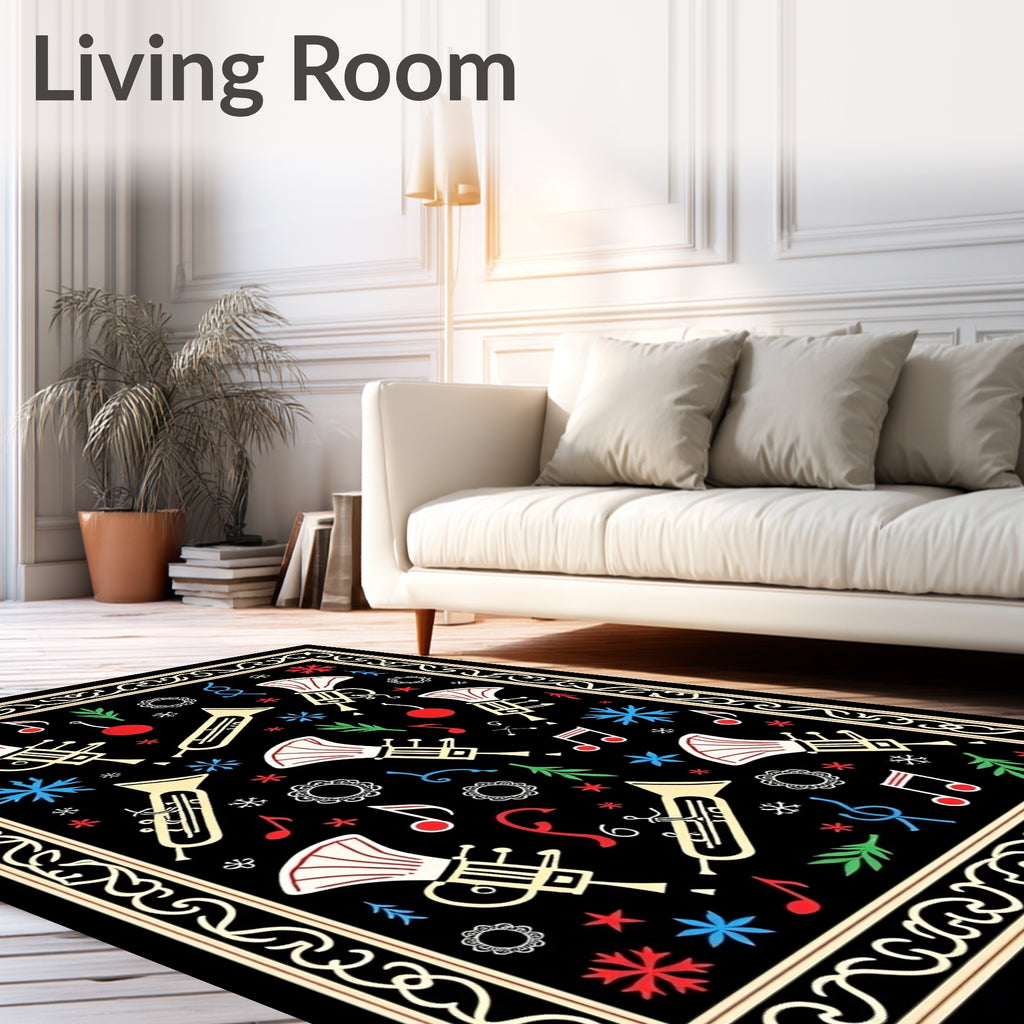 Festive Black Trumpet Music Notes Rug