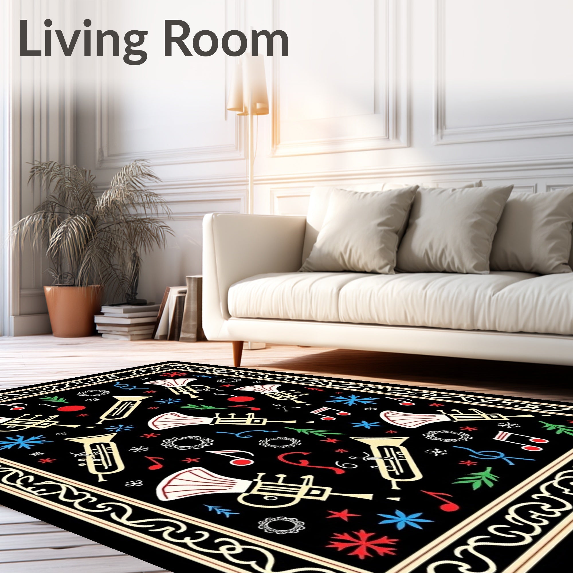 Festive Black Trumpet Music Notes Rug