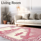 Crimson Lakeside Village Scene Rug