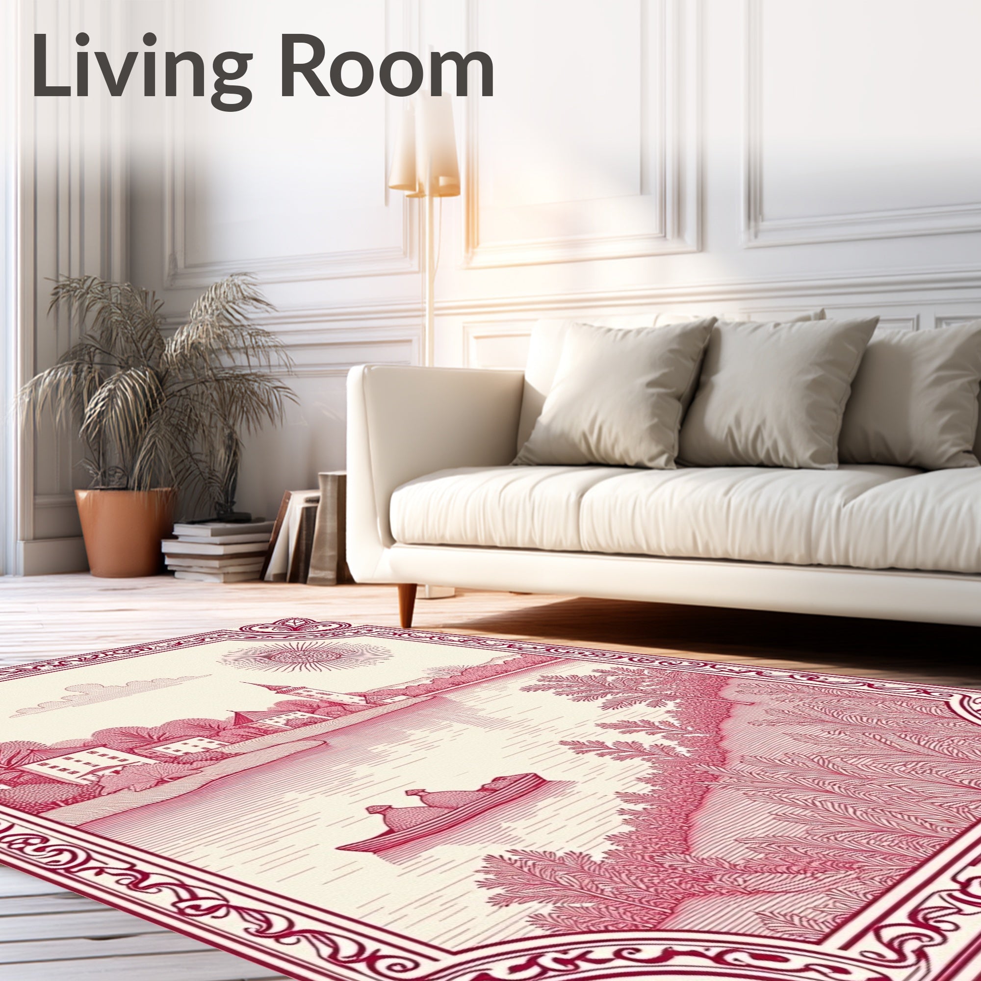 Crimson Lakeside Village Scene Rug