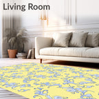 Pale Yellow Blue Floral Swirl Scroll Rug