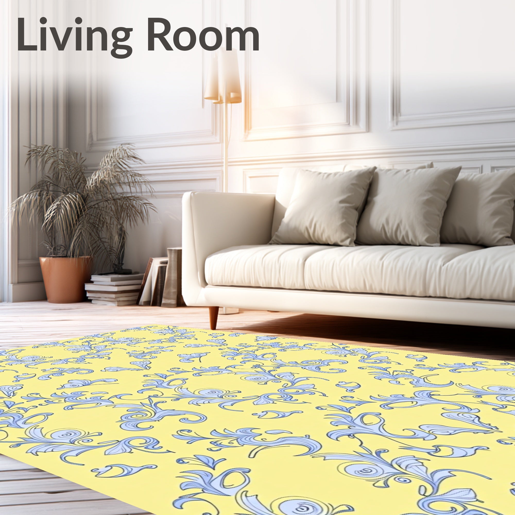 Pale Yellow Blue Floral Swirl Scroll Rug