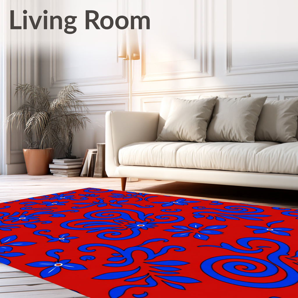 Crimson Red Blue Floral Swirl Rug