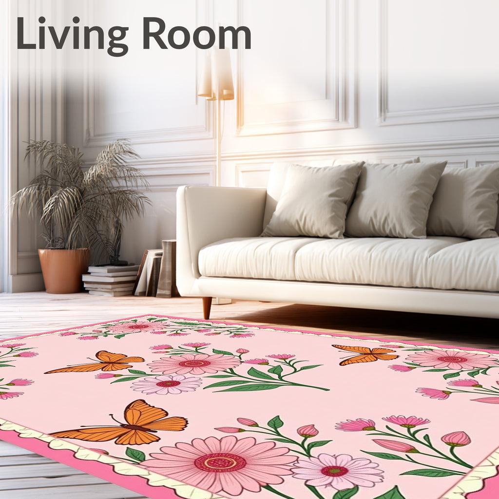 Whimsical Pink Floral Butterfly Garden Rug
