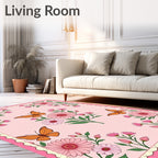 Whimsical Pink Floral Butterfly Garden Rug
