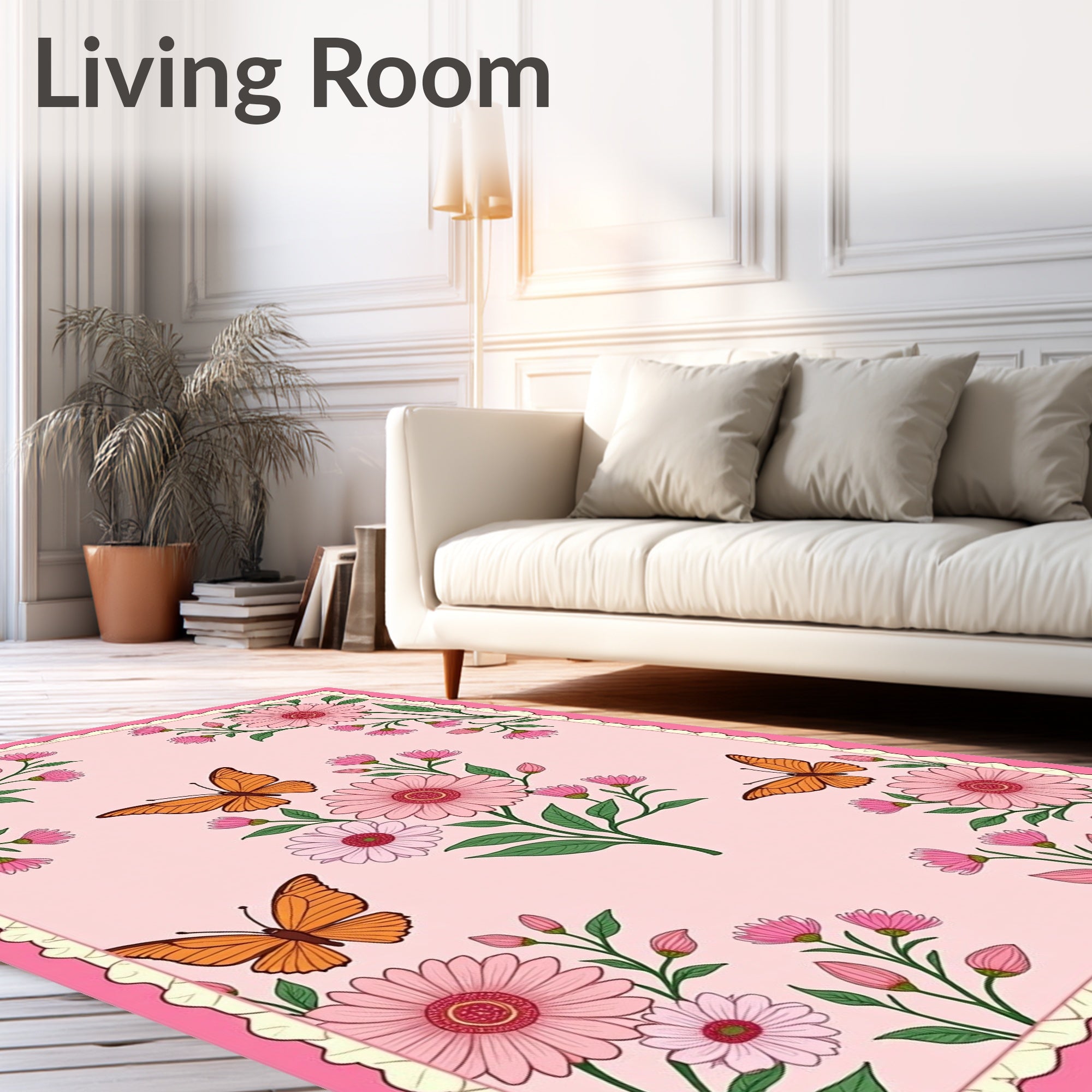 Whimsical Pink Floral Butterfly Garden Rug