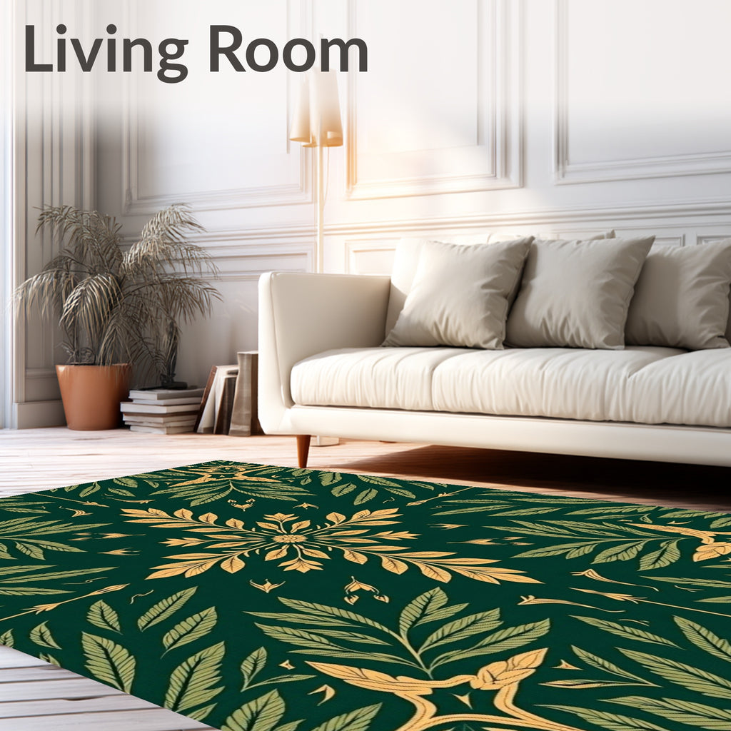 Emerald Green Golden Leaf Fretwork Rug