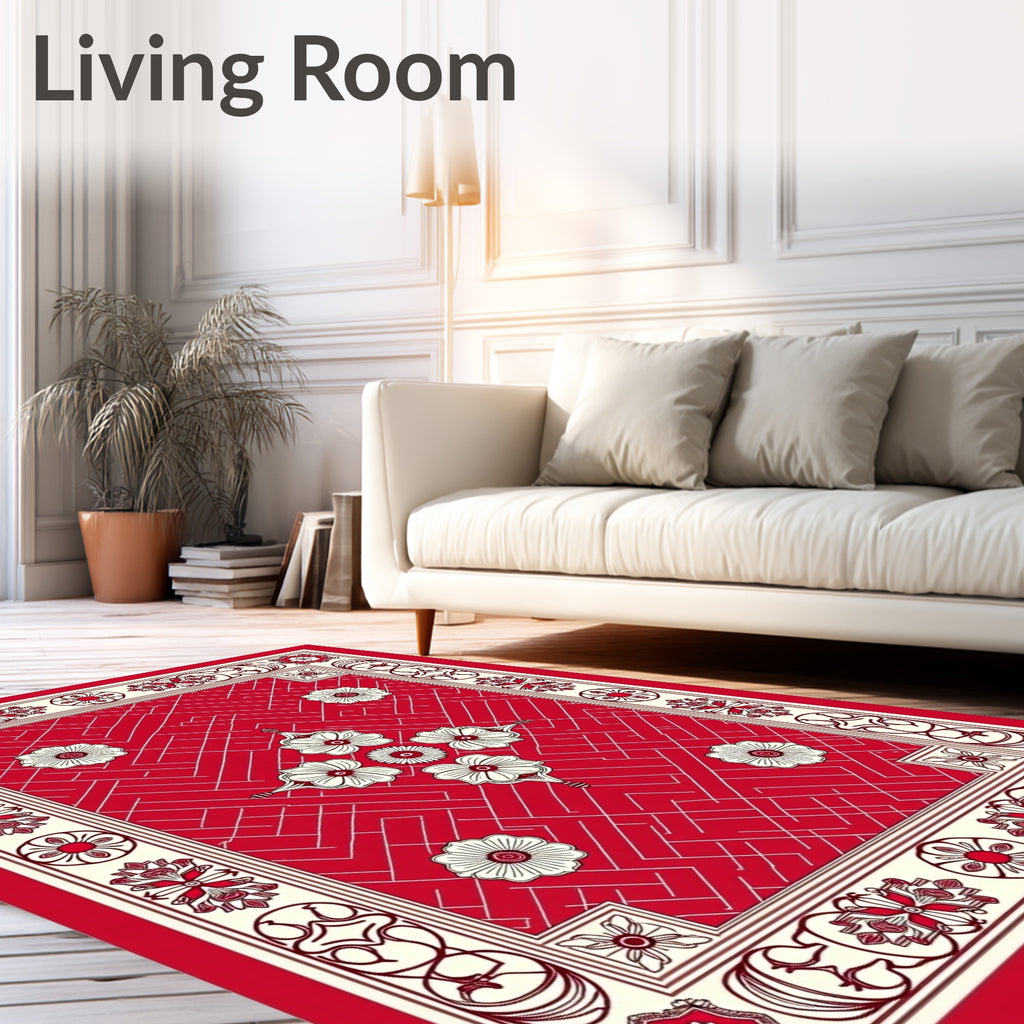 Crimson White Floral Geometric Border Rug
