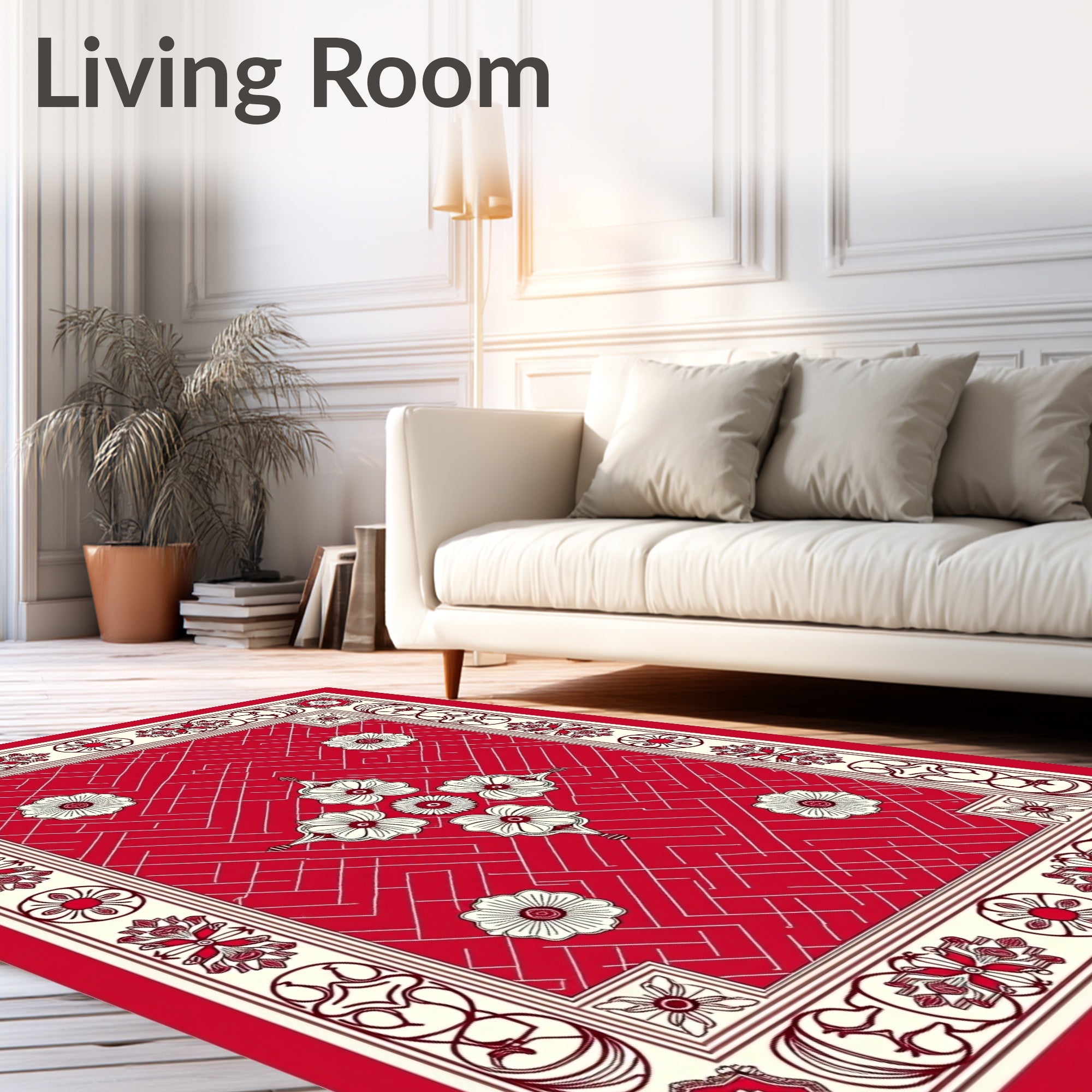 Crimson White Floral Geometric Border Rug