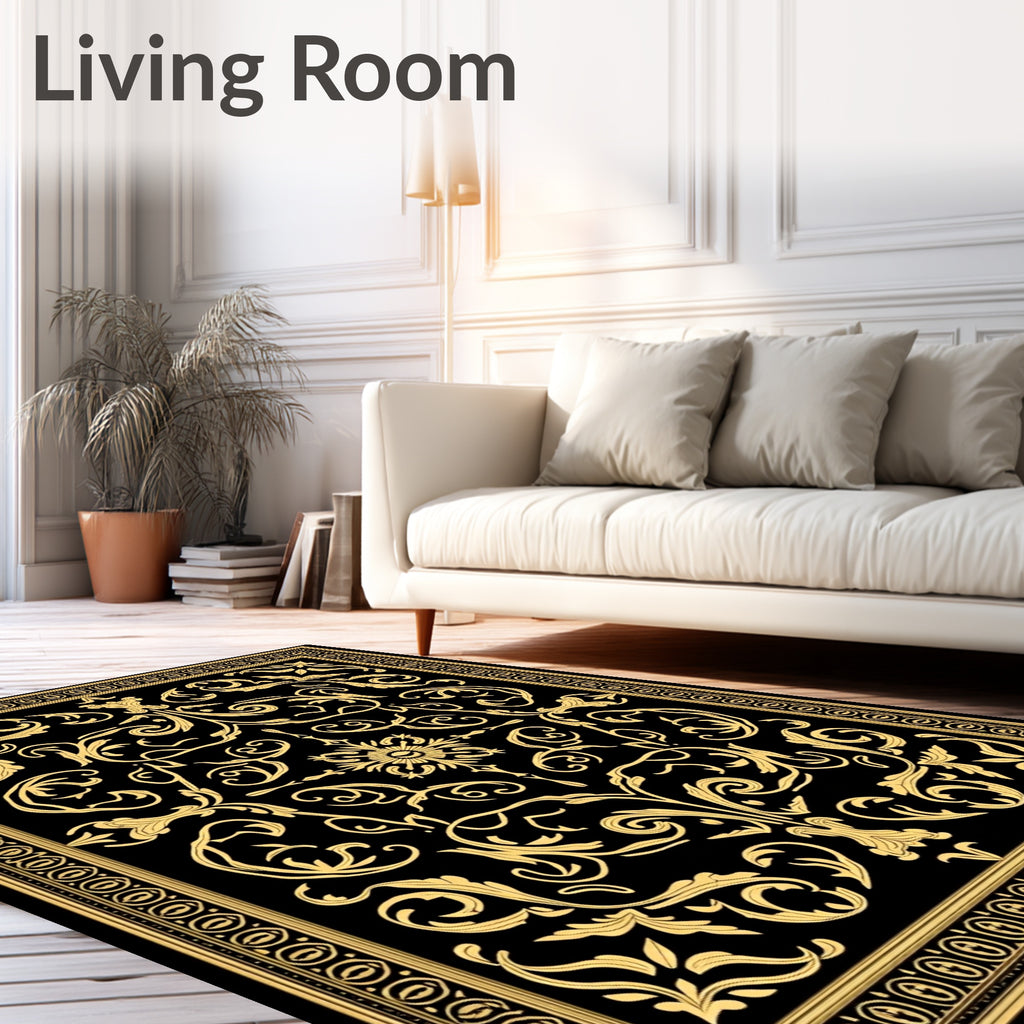 Golden Black Baroque Scroll Rug
