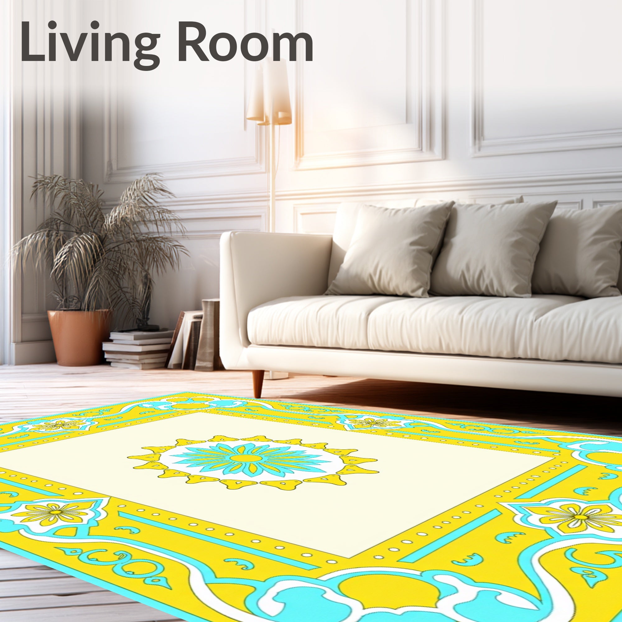 Yellow Aqua Sunburst Border Rug