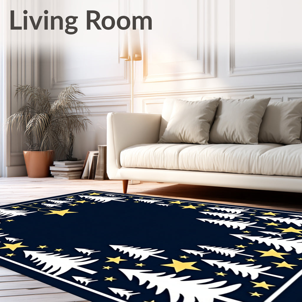White Fir Trees Yellow Stars Border Rug