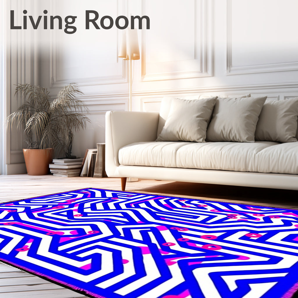 Abstract Blue White Geometric Maze Rug